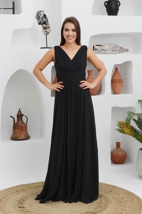 Carmen Siyah Şifon V Yaka Uzun Abiye Elbise PC54506