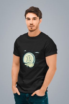 Erkek Siyah Soyut Bitcoin Baskılı Standart T-shirt T9126242 9126242ESR