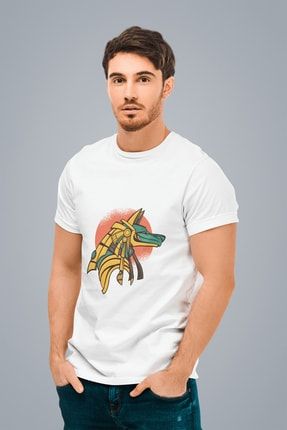 Erkek Beyaz Anubis Antik Mısır Baskılı Oversize T-shirt T6618231 6618231E