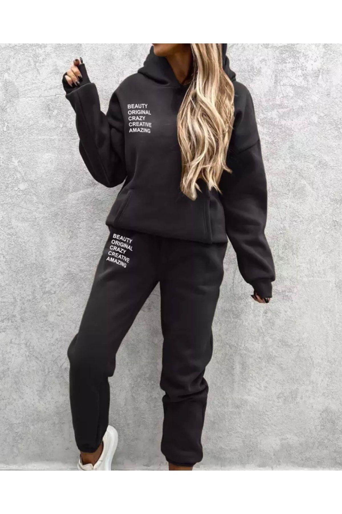 LADY FACE Plus Size Sweatsuit Set Black Plus Size Trendyol