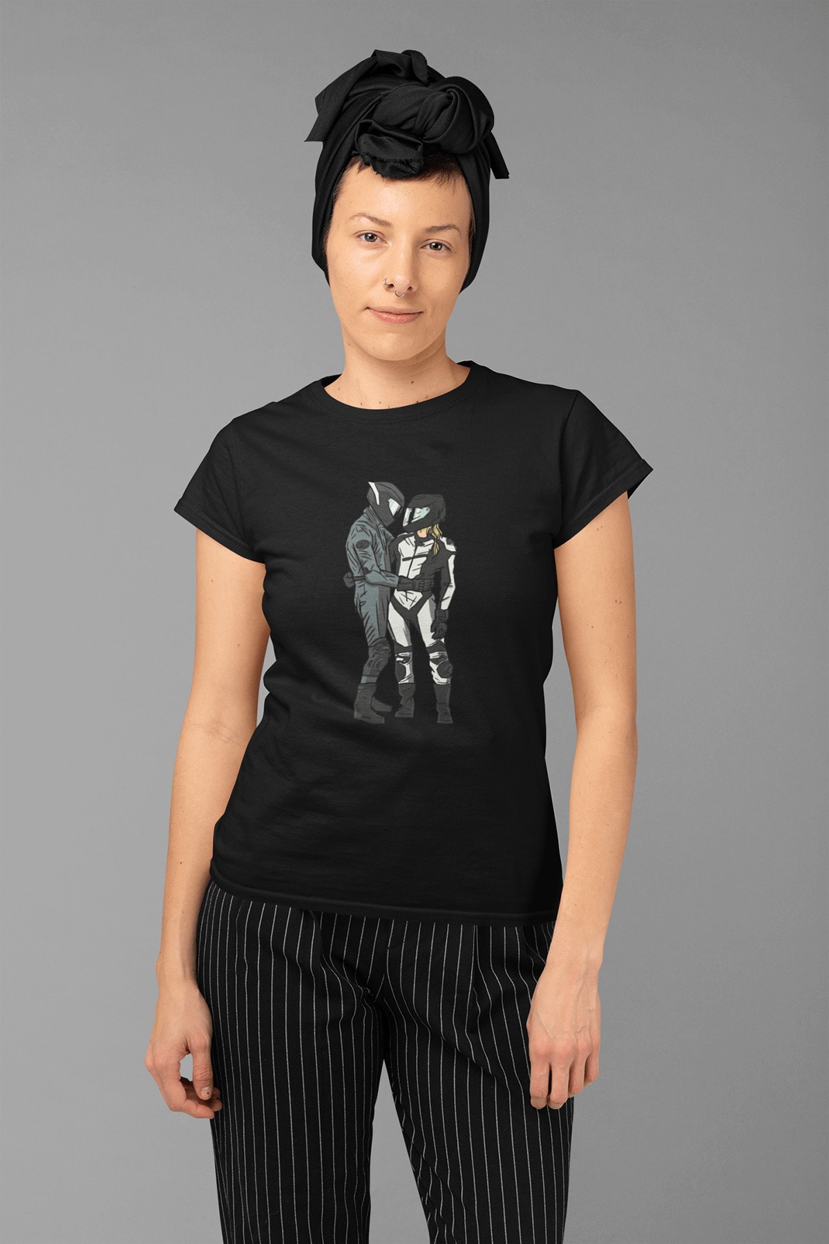 Women's Black Biker Double Printed Standard T-shirt T1755640