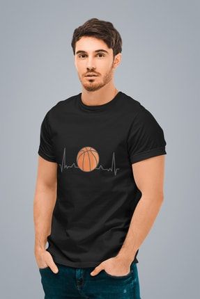 Erkek Siyah Basketbol Kalp Atışı Baskılı Standart T-shirt T5915719 5915719ESR