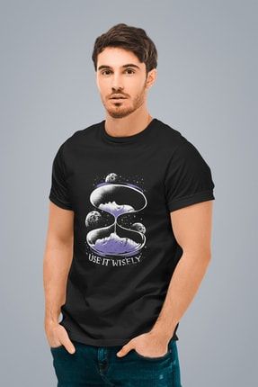 Erkek Siyah Uzay Kum Saati Baskılı Standart T-shirt T6583715 6583715ESR