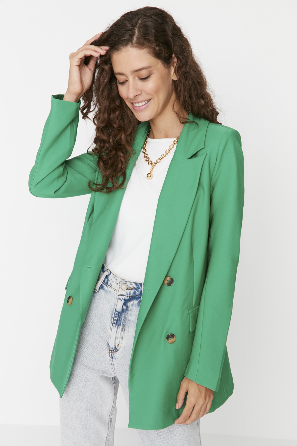 TRENDYOLMİLLA Yeşil Düğmeli Oversize Kruvaze Blazer Ceket TWOAW21CE0145