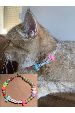 Isim Yazılı Şekerli Kalpli Renkli Boncuklu Kedi Tasması Kedi Kolyesi V-00925