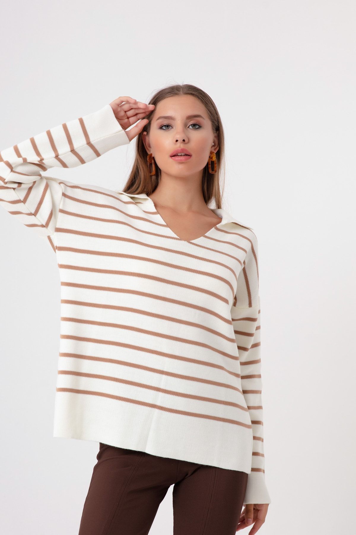 Lafaba-Women's Mink Shirt Collar Striped Knitwear Sweater 2