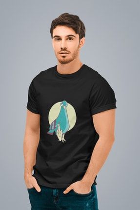 Erkek Siyah Mavi Güvercin Baskılı Standart T-shirt T7726735 7726735ESR