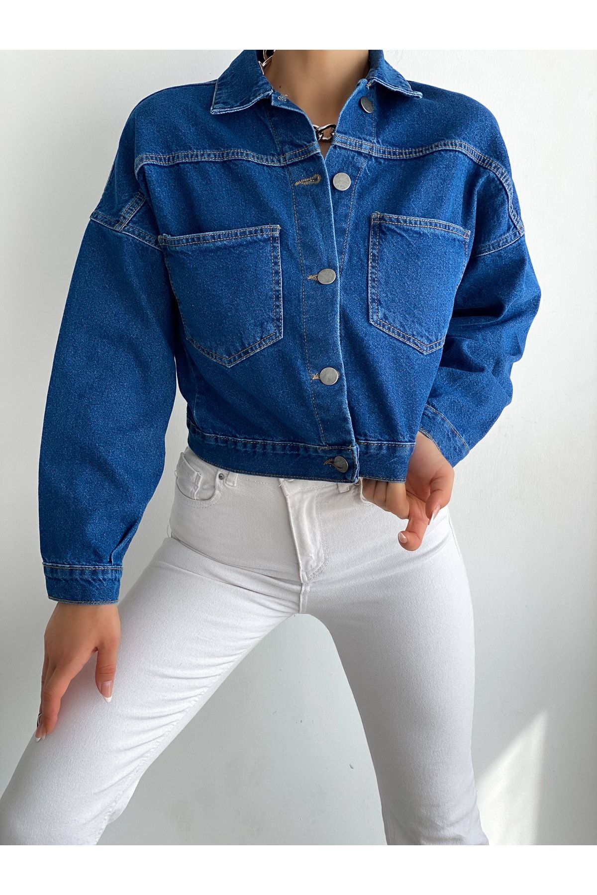 Dark blue cropped denim jacket shop