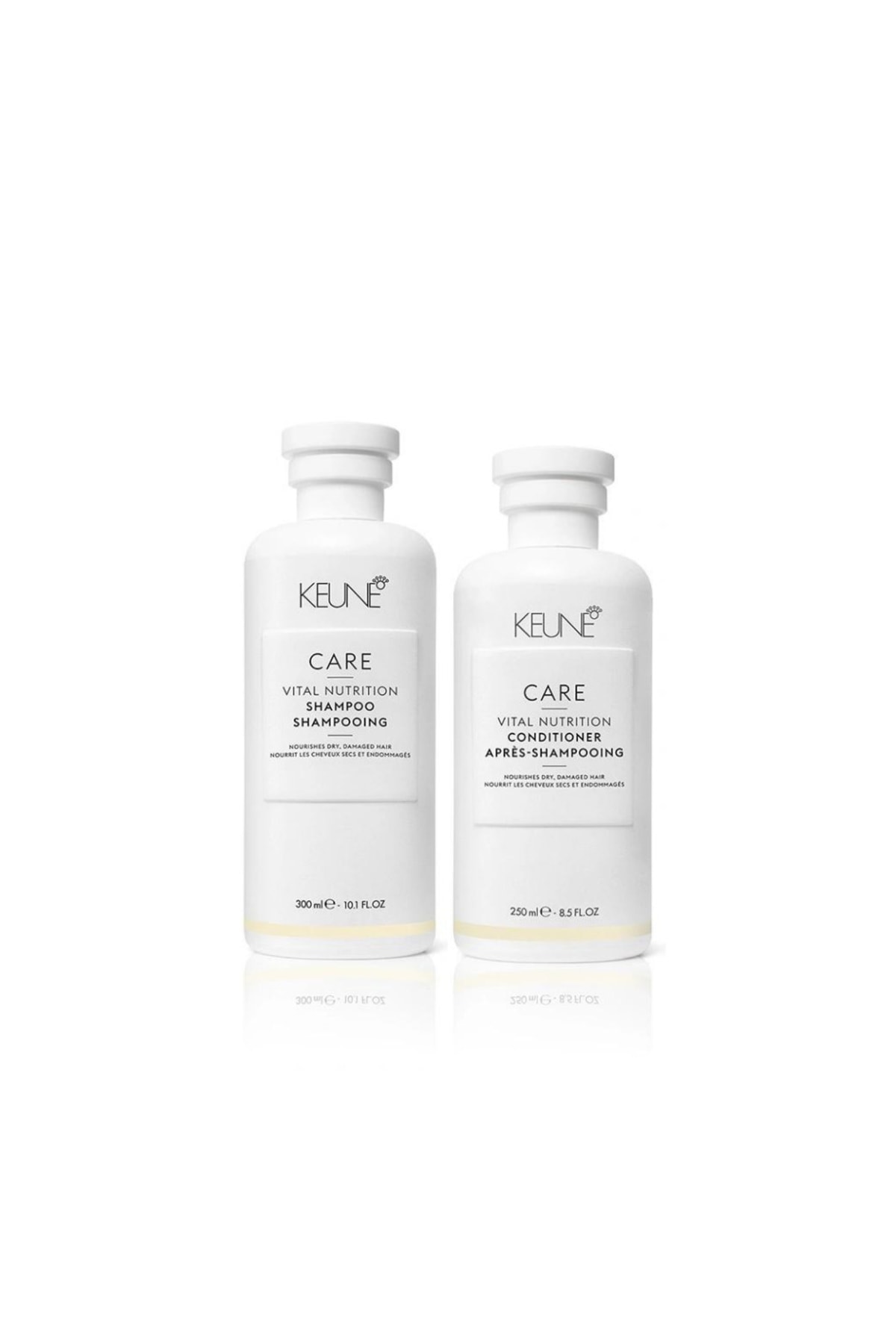 Keune 0 شامپو ویتال نوتریشن ۳۰۰ میلیلیتری، نرمکننده ویتال نوتریشن ۲۵۰ میلیلیتری (مجموعه ۲ عددی) برای موهای آسیبدیده و شکننده — یک ساله، vital2-piece