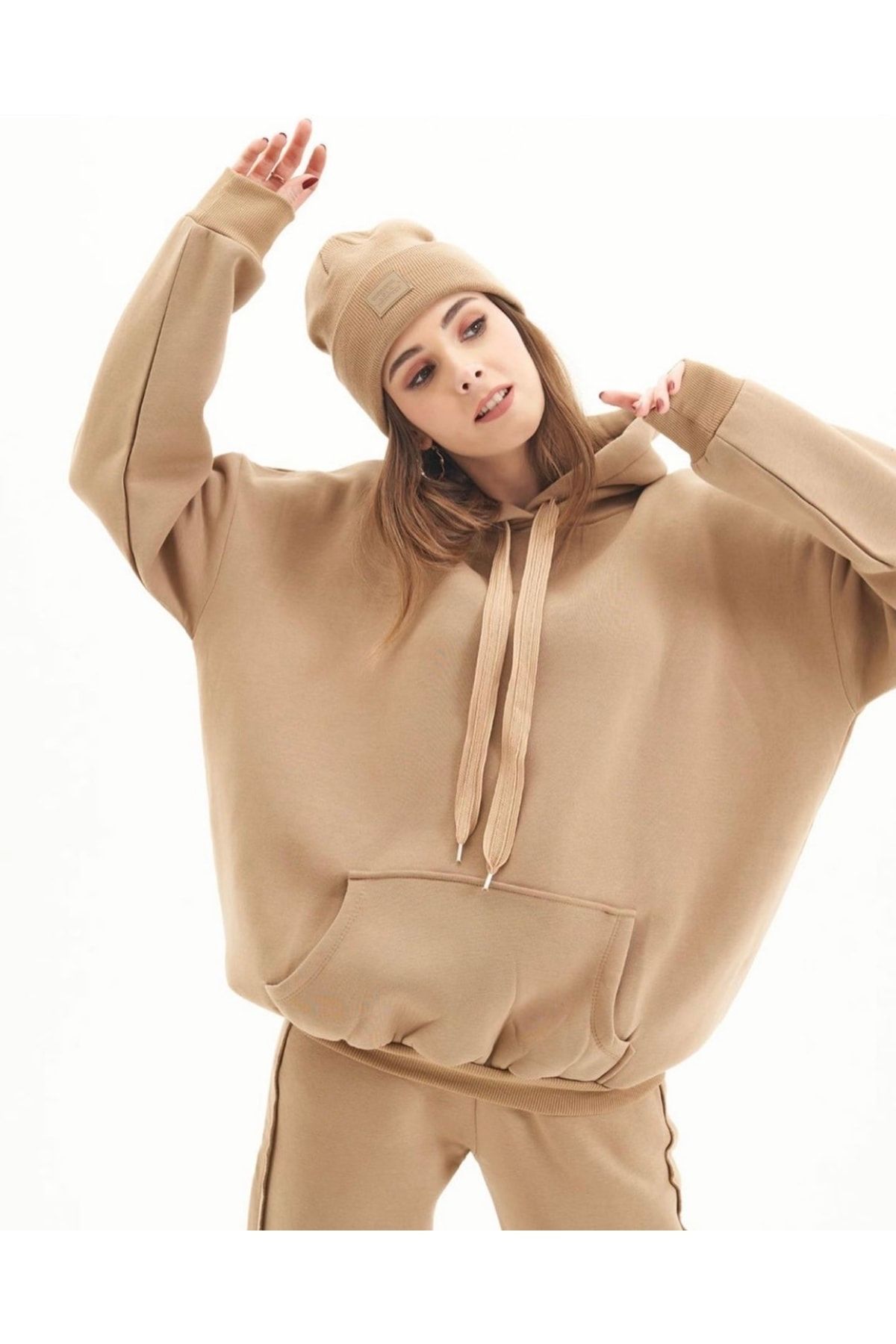 soBasic-Beige Stitching Detailed Raised Three Thread Tracksuit Set (Esftkm102) 3