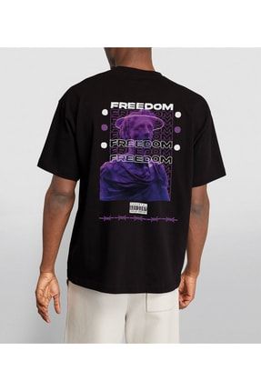 Unisex Freedom Sırt Baskılı Oversize Siyah Tshirt ZYSO66