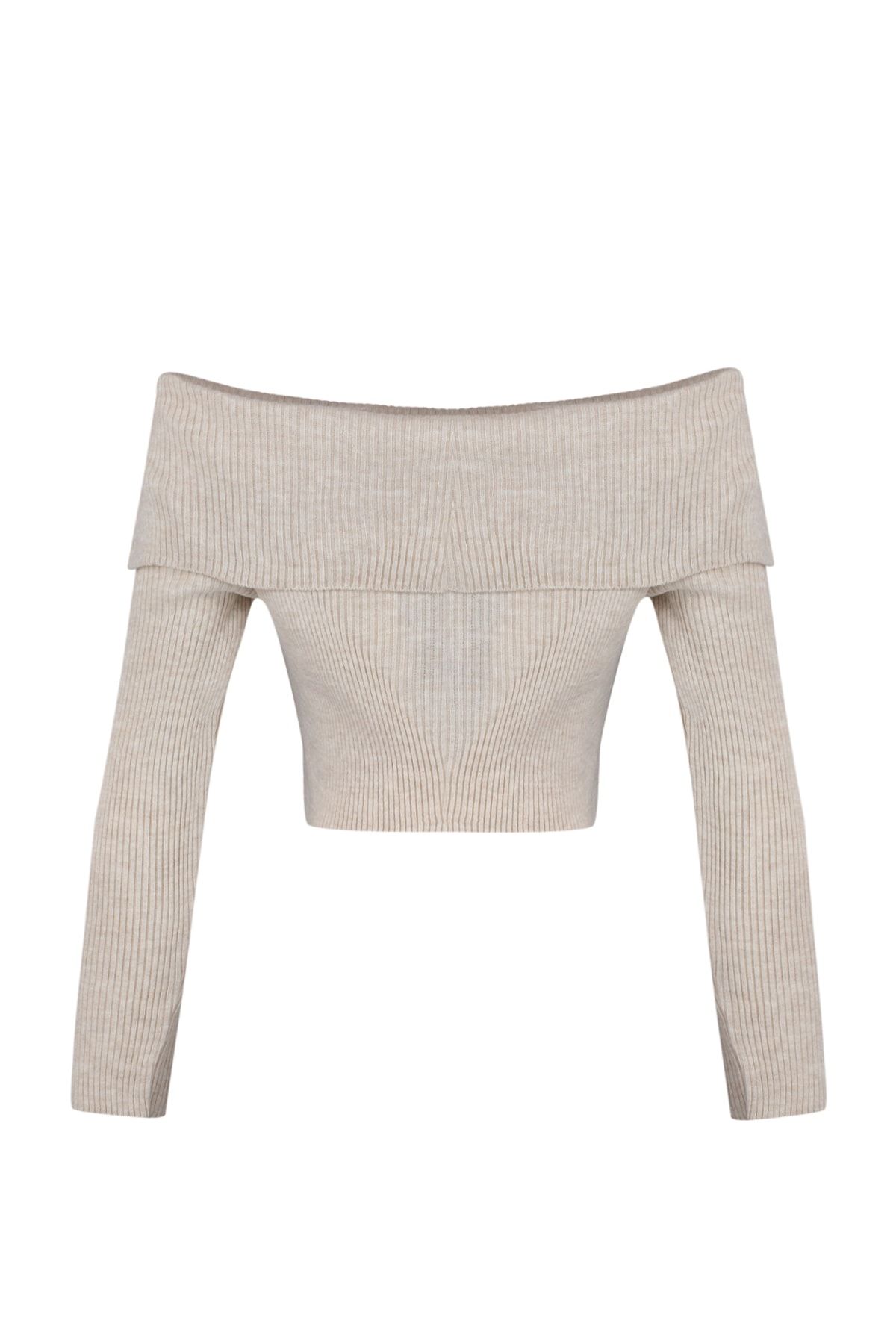 Trendyol Collection-Carmen Collar Super Crop Knitwear Sweater - Stone TWOAW22KZ1897 6