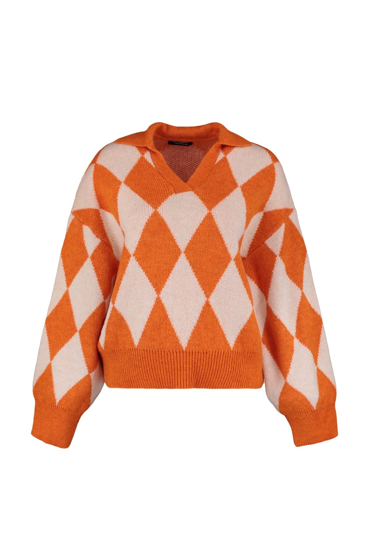 Trendyol Collection-Weich strukturierter – gemusterter orangefarbener breiter Strickpullover TWOAW23KZ00904 6