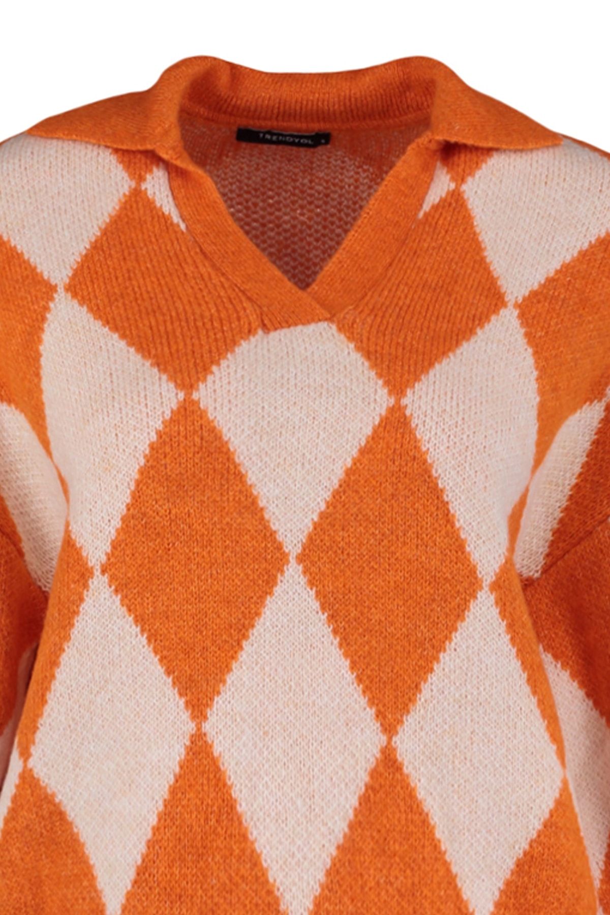 Trendyol Collection-Weich strukturierter – gemusterter orangefarbener breiter Strickpullover TWOAW23KZ00904 7