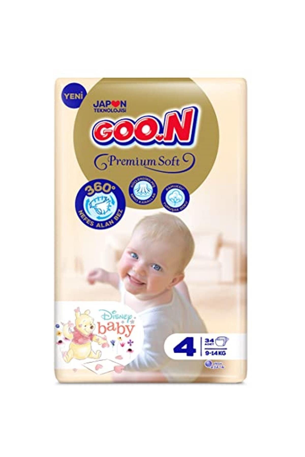 Goo.n Goon Premium Soft Bebek Bezi, 4 Beden, Jumbo Paket, 34 Adet, Beyaz
