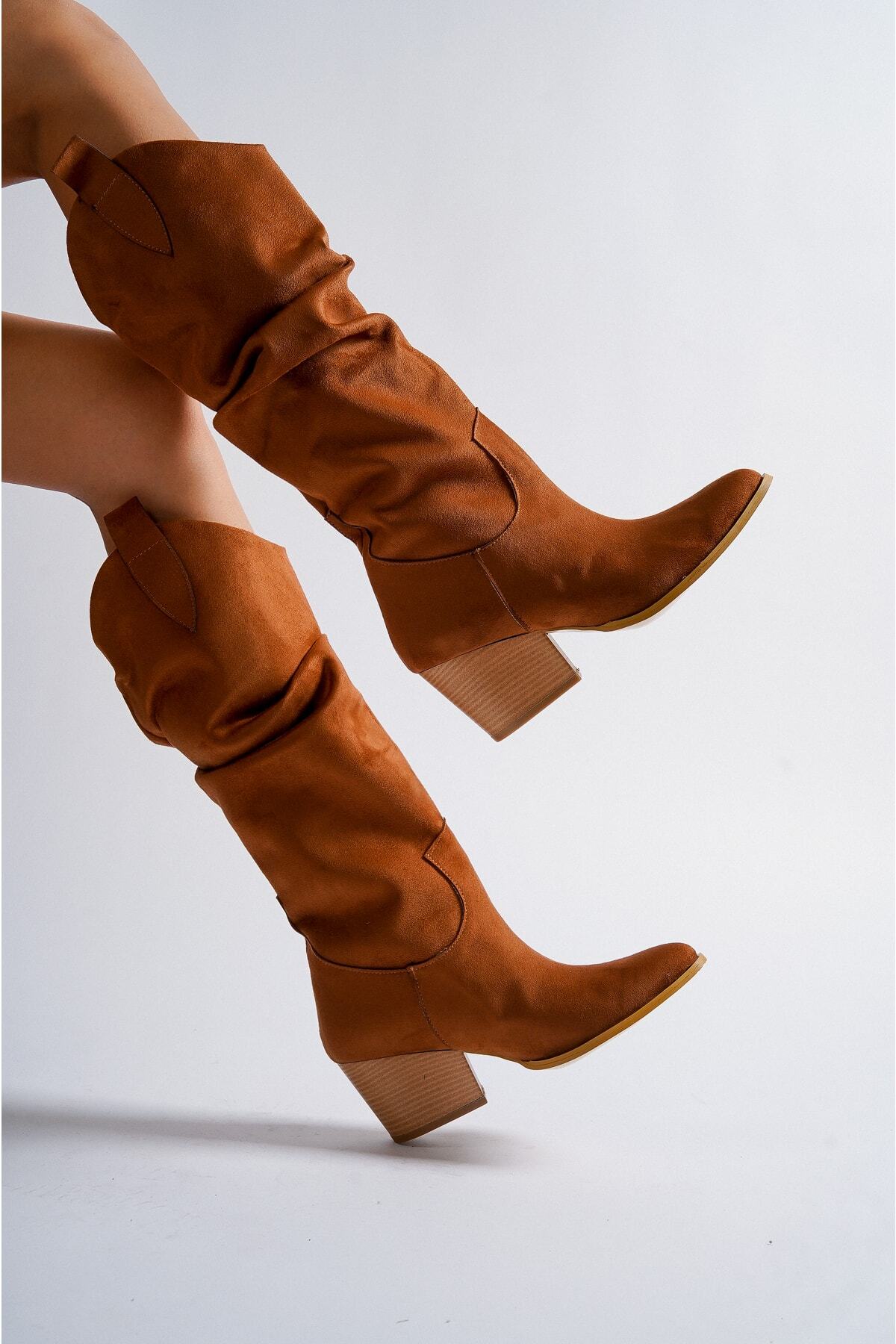 TOPUK-Γυναικείες μπότες Chelsee Tan Suede Long Bellows 3