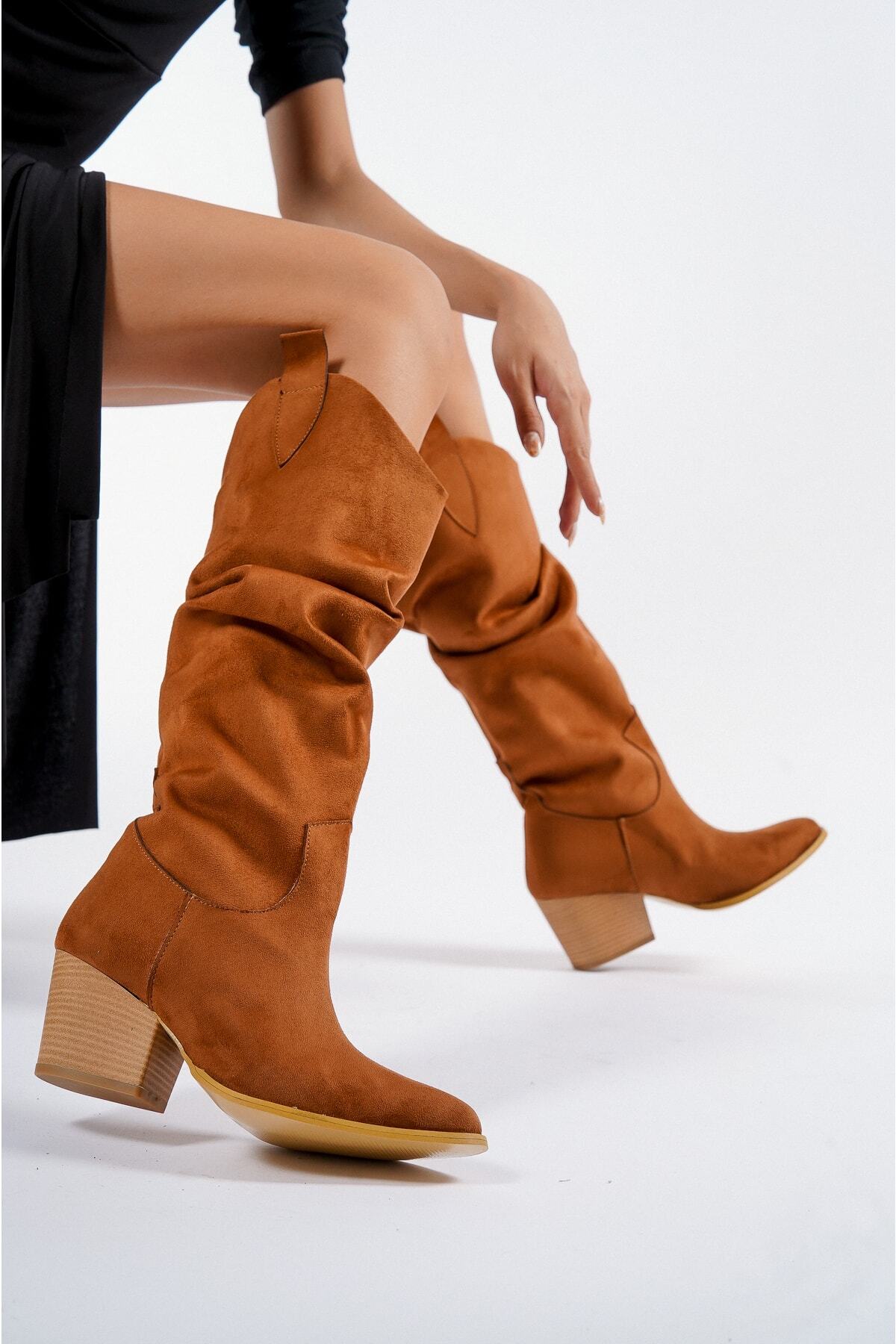 TOPUK-Γυναικείες μπότες Chelsee Tan Suede Long Bellows 4