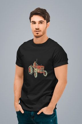 Erkek Siyah Traktör Baskılı Standart T-shirt T3436339 3436339ESR