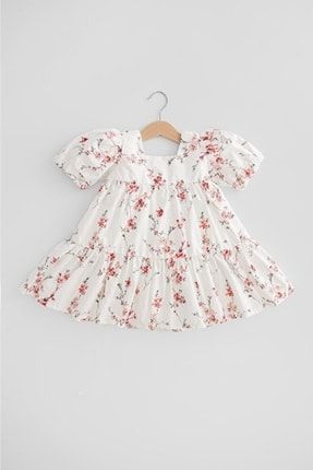 Kız Bebek Kırmızı Çiçek Desenli Düğme Detaylı Pamuklu Elbise Kırmızı Beyaz CLARA10000