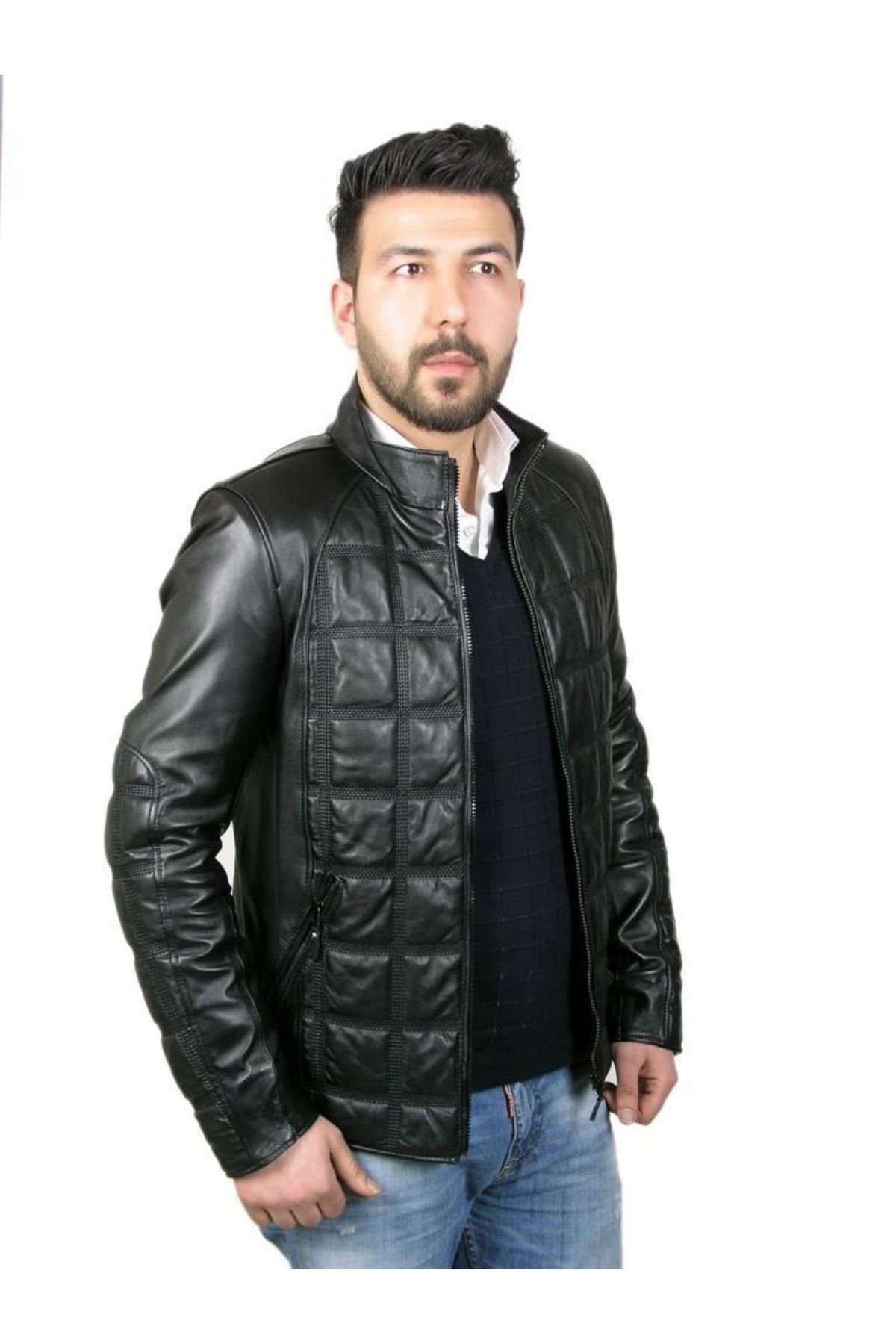 Derimont's-سترة جلدية سوداء مطرزة بسحاب للرجال من الجلد الطبيعي 5