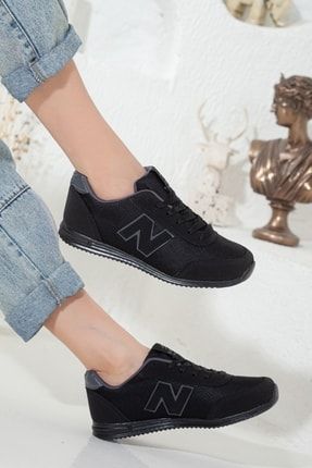 Kadın Siyah Günlük Bağcıklı Düz Taban Casual Yumuşak Hafif Sneaker Yürüyüş Spor Ayakkabı RNMSTR013B
