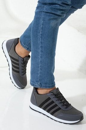 Unisex Füme Siyah Bağcıklı Düz Comfort Rahat Taban Casual Sneaker Esnek Yürüyüş Spor Ayakkabı MM010