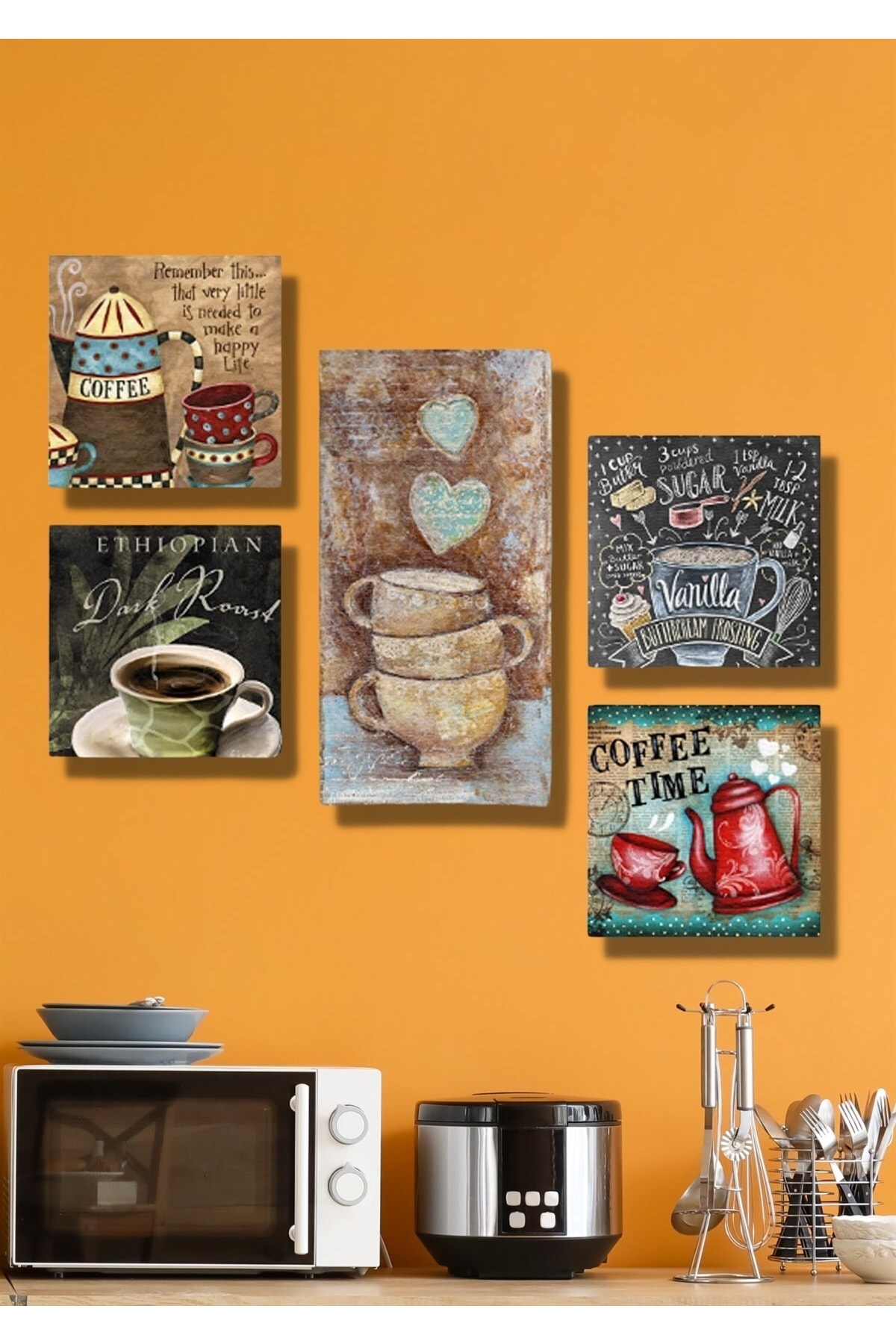Wooden 5-Piece Coffee Cups Wall Decor Living Room Living Room Table Set For Bedroom Kitchen Concept