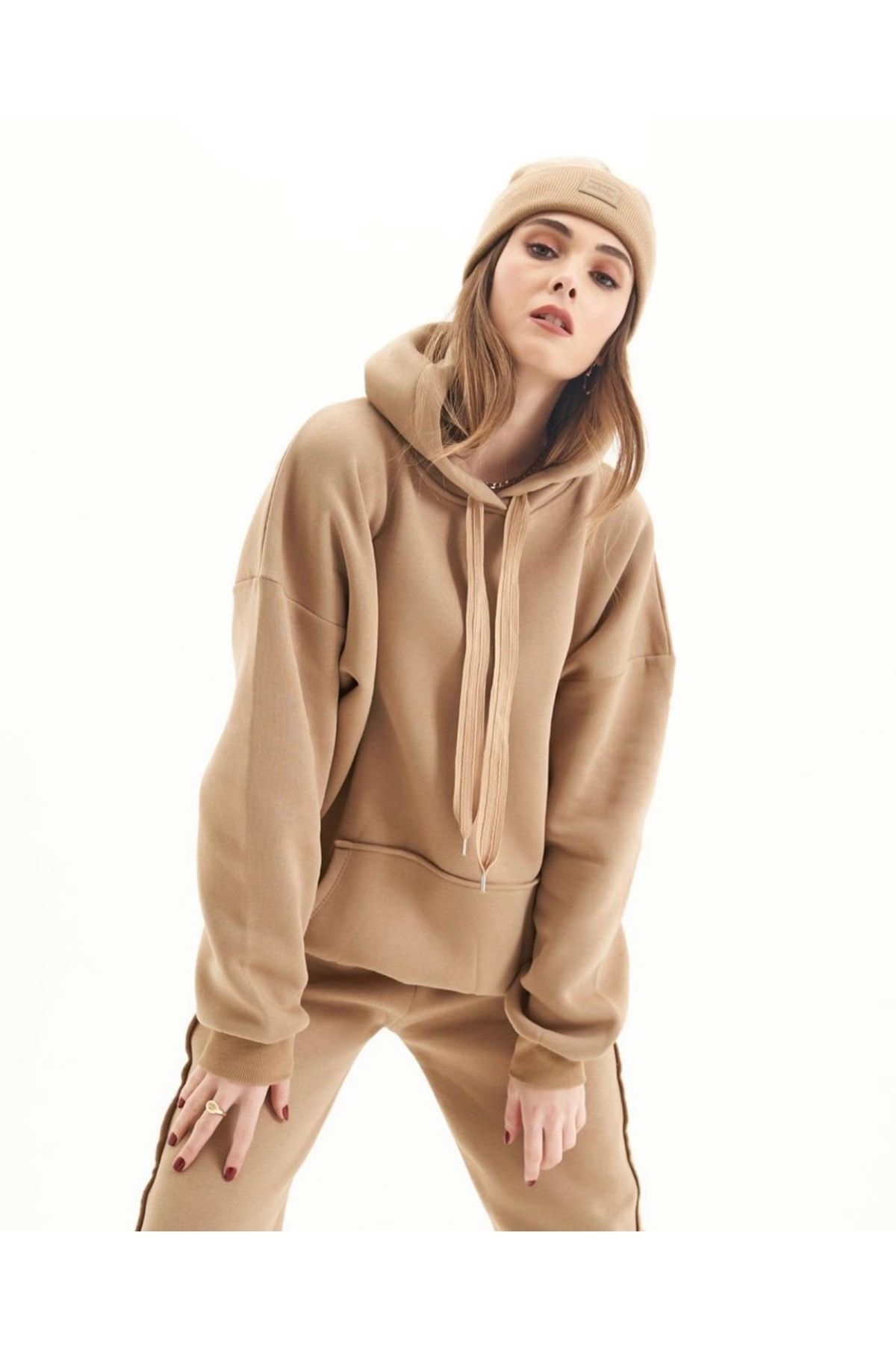 soBasic-Beige Stitching Detailed Raised Three Thread Tracksuit Set (Esftkm102) 2