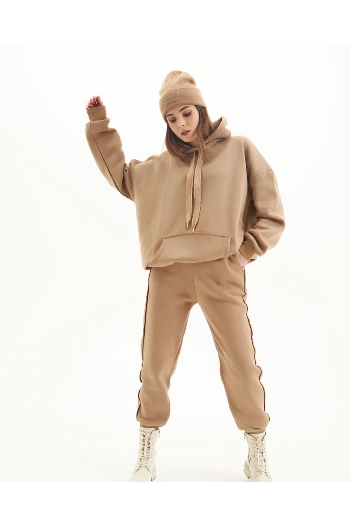 soBasic-Beige Stitching Detailed Raised Three Thread Tracksuit Set (Esftkm102) 5