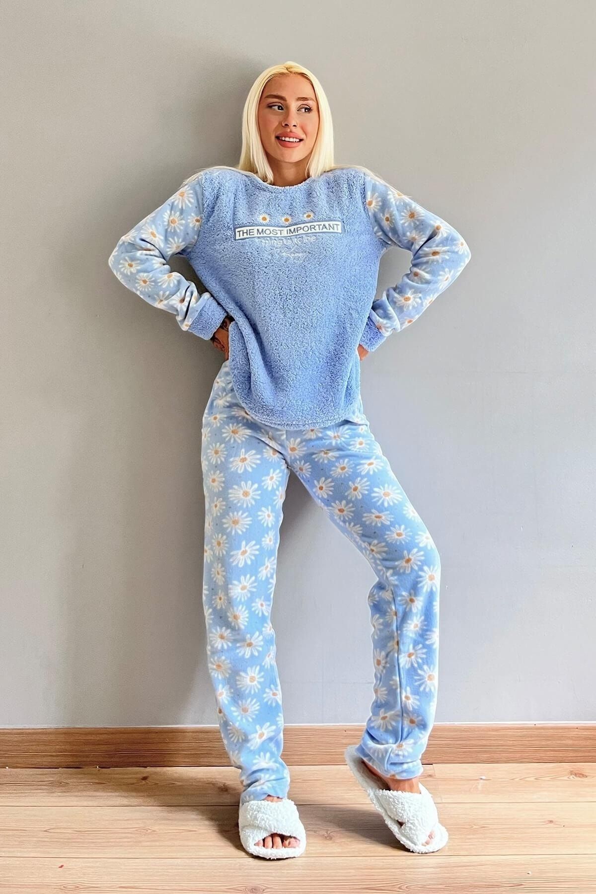 Pijamaevi Blue Most Thing Patterned Women's Plush Pajama Set
