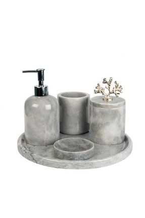 Dekoratif Gri Mermer Gümüş Mercan Detaylı 5 Li Banyo Seti Takımı GRIGUMUSMERCAN5