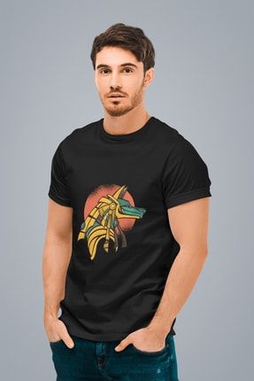 Erkek Siyah Anubis Antik Mısır Baskılı Standart T-shirt T6618231 6618231ESR