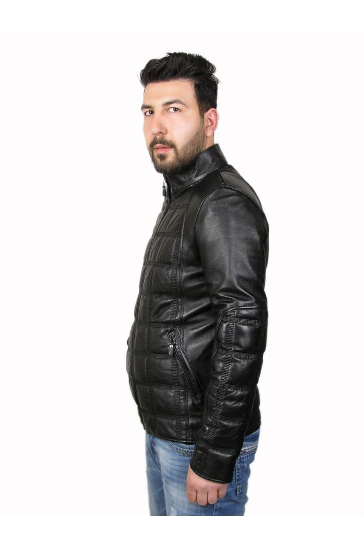 Derimont's-سترة جلدية سوداء مطرزة بسحاب للرجال من الجلد الطبيعي 6