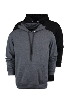 Siyah-Antrasit Erkek 2li Paket Regular Fit Basic Kapüşonlu Sweatshirt TMNAW22SW1345