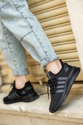 Unisex Siyah Bağcıklı Günlük Rahat Yumuşak Hafif Konforlu Sneaker Esnek Yürüyüş Spor Ayakkabı AX515