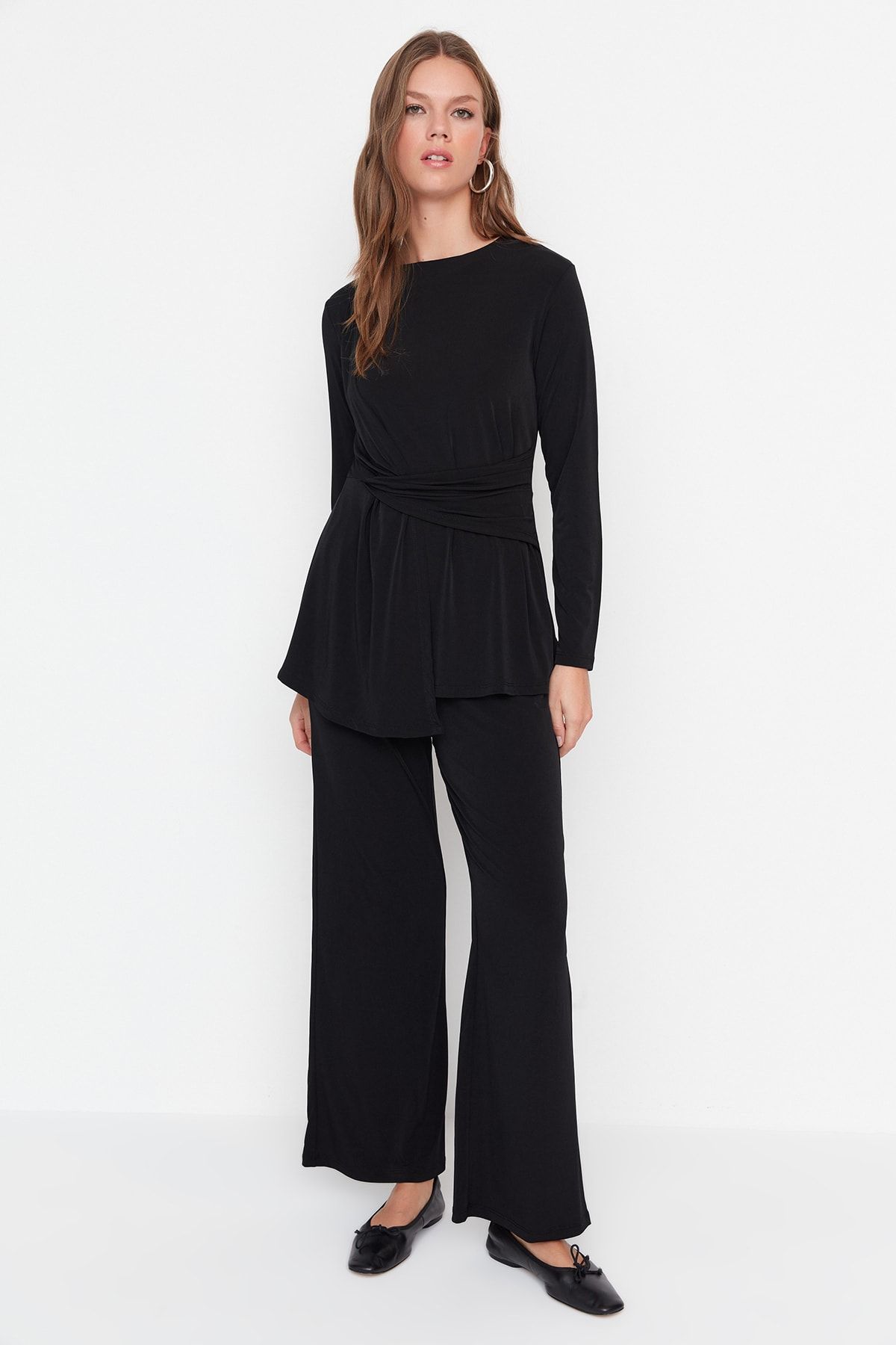 Trendyol Modest Siyah Beli Detaylı Jarse Tunik-Pantolon Örme Takım TCTAW23US00191