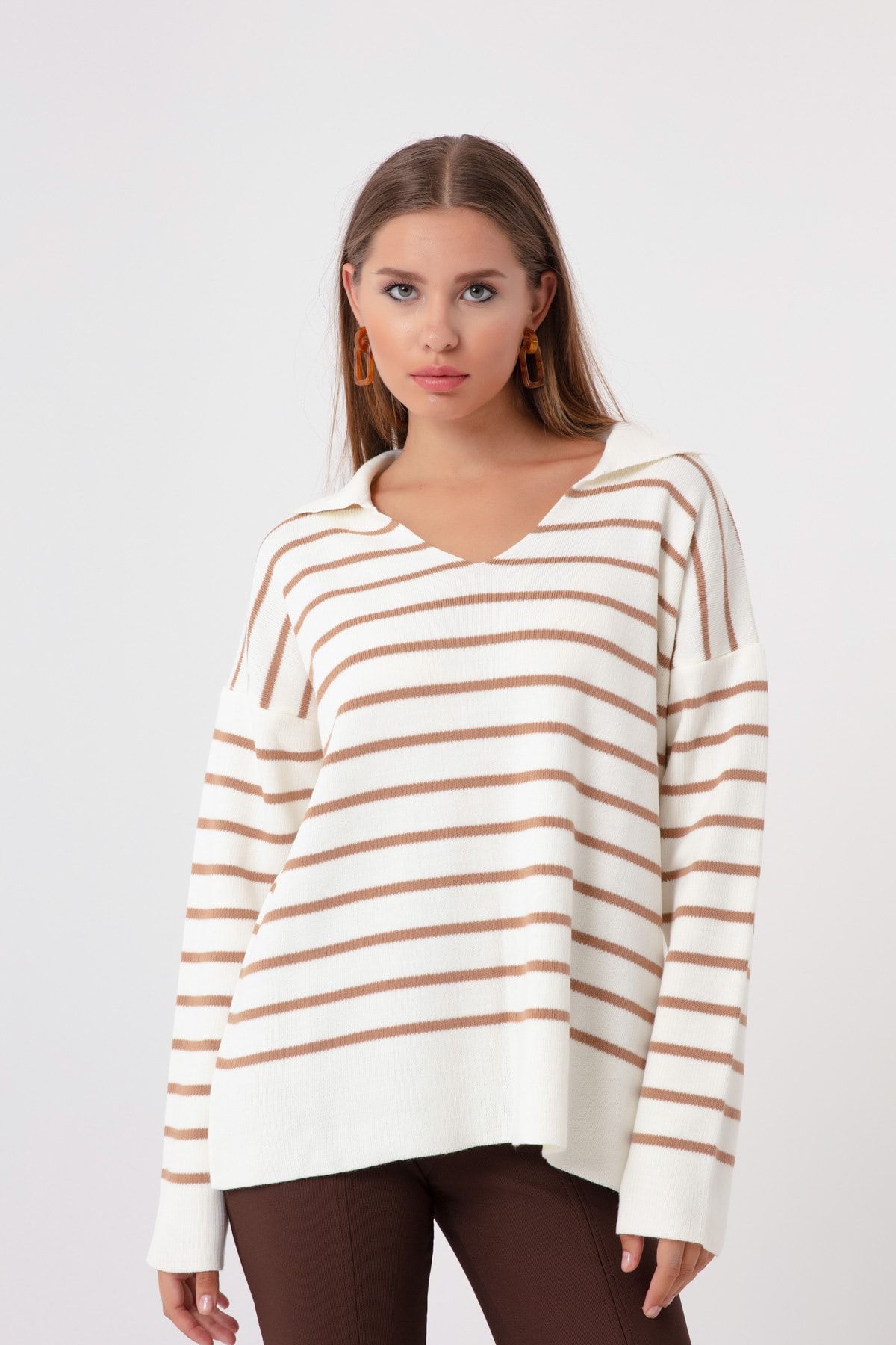 Lafaba-Women's Mink Shirt Collar Striped Knitwear Sweater 4
