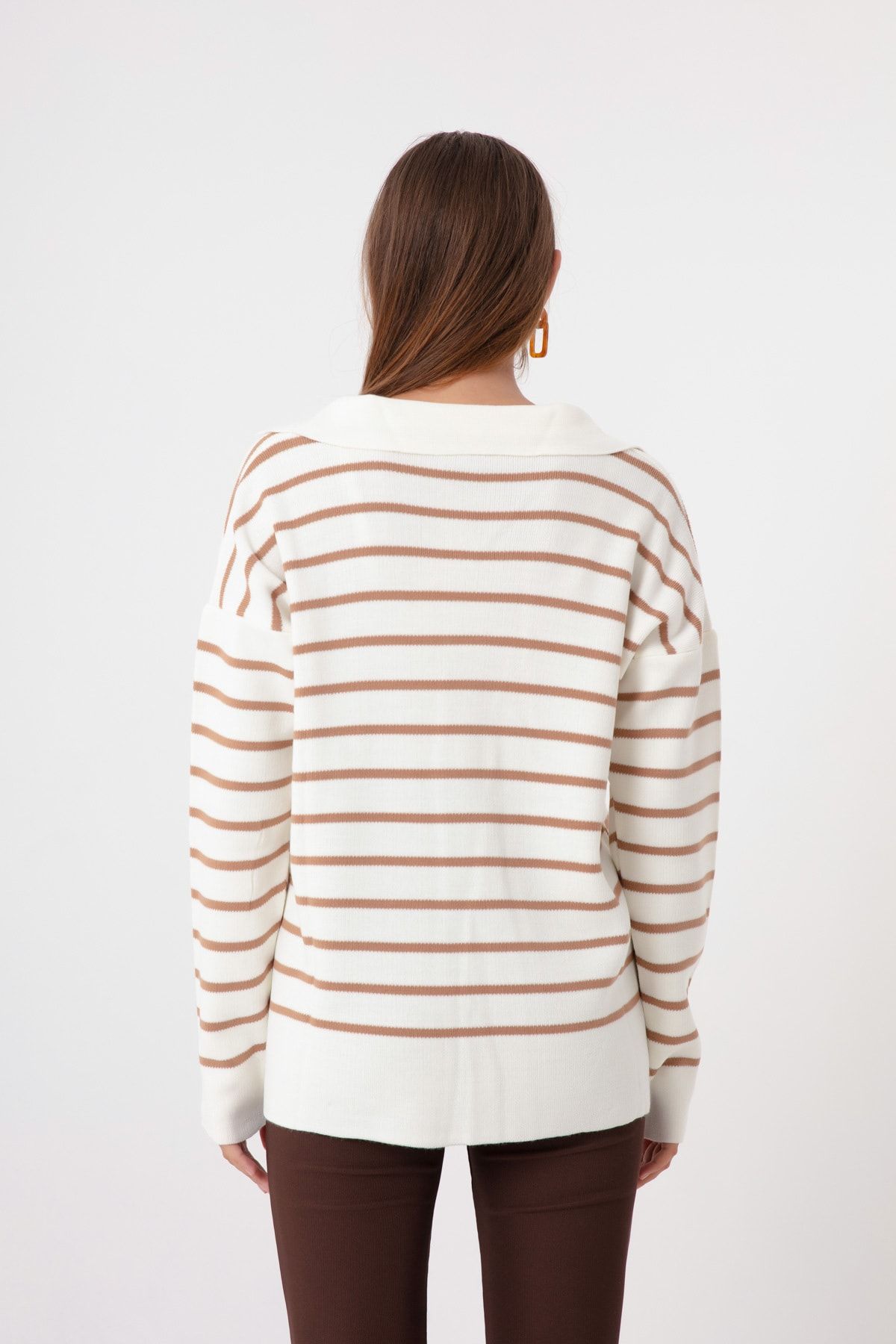 Lafaba-Women's Mink Shirt Collar Striped Knitwear Sweater 5