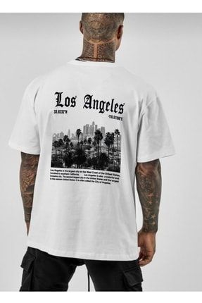 Los Angeles Baskılı Oversize Beyaz T-shirt T075