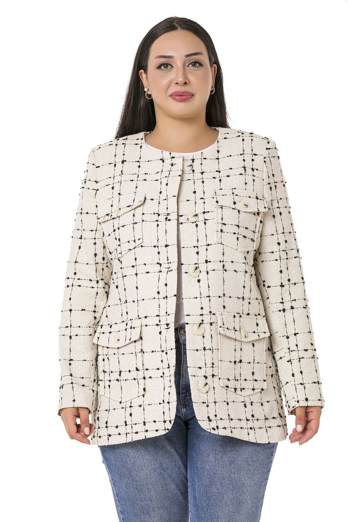 DISENTIS MODEST-Plus Size Button and Pocket Detailed Skirt Oval Cut Lined Tweed Ecru Black Jacket 4