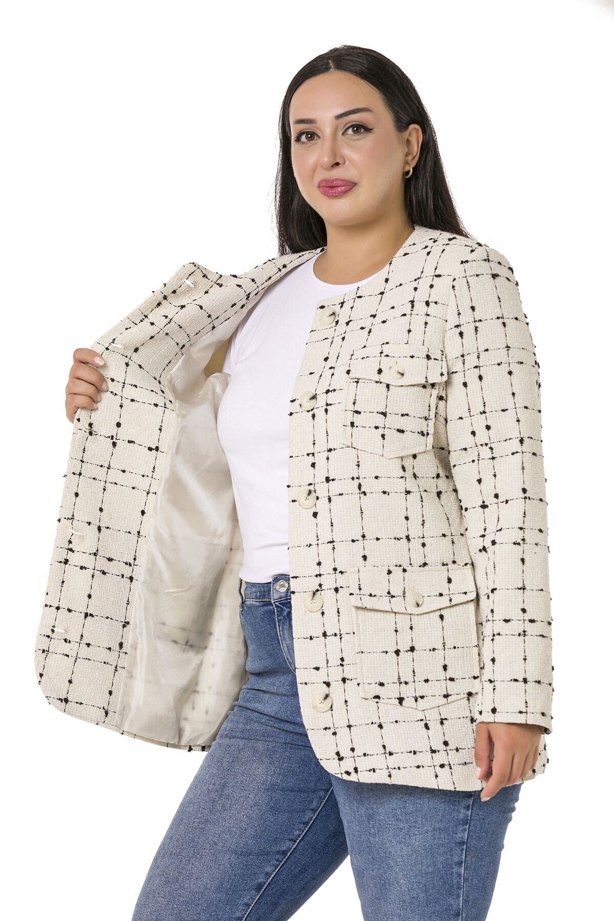 DISENTIS MODEST-Plus Size Button and Pocket Detailed Skirt Oval Cut Lined Tweed Ecru Black Jacket 5