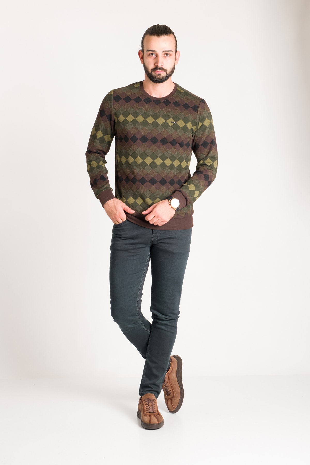 Men's Green-brown Patterned O-Neck Sweater