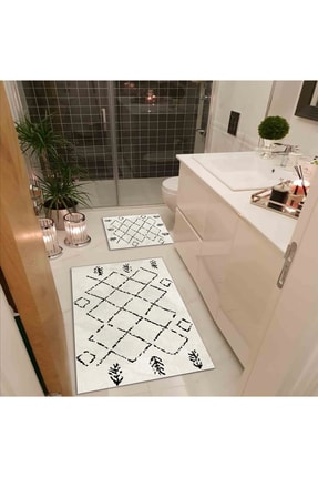Liva home Siyah Beyaz Baklava Dijital Baskılı Banyo Paspas Takımı