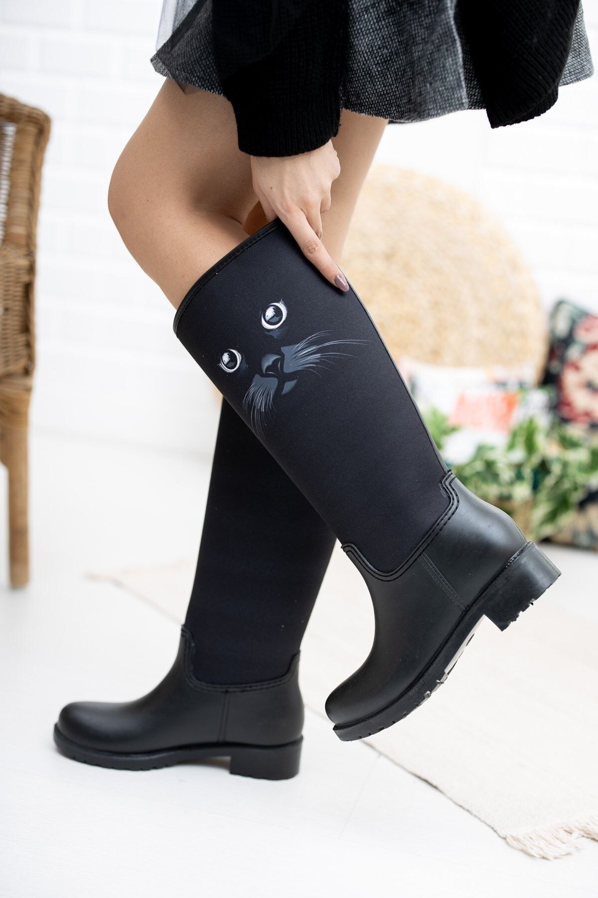 Sea Blue Cat Printed Waterproof Women s Rain Boots Trendyol