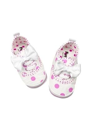Fiyonklu Puantiyeli Bez Kız Bebek Ayakkabısı Pembe HP0018