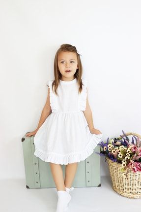 Kız Çocuk Eloise Keten Kolsuz Fırfırlı Dantel Detaylı Elbise Toka Takım ELB-0084