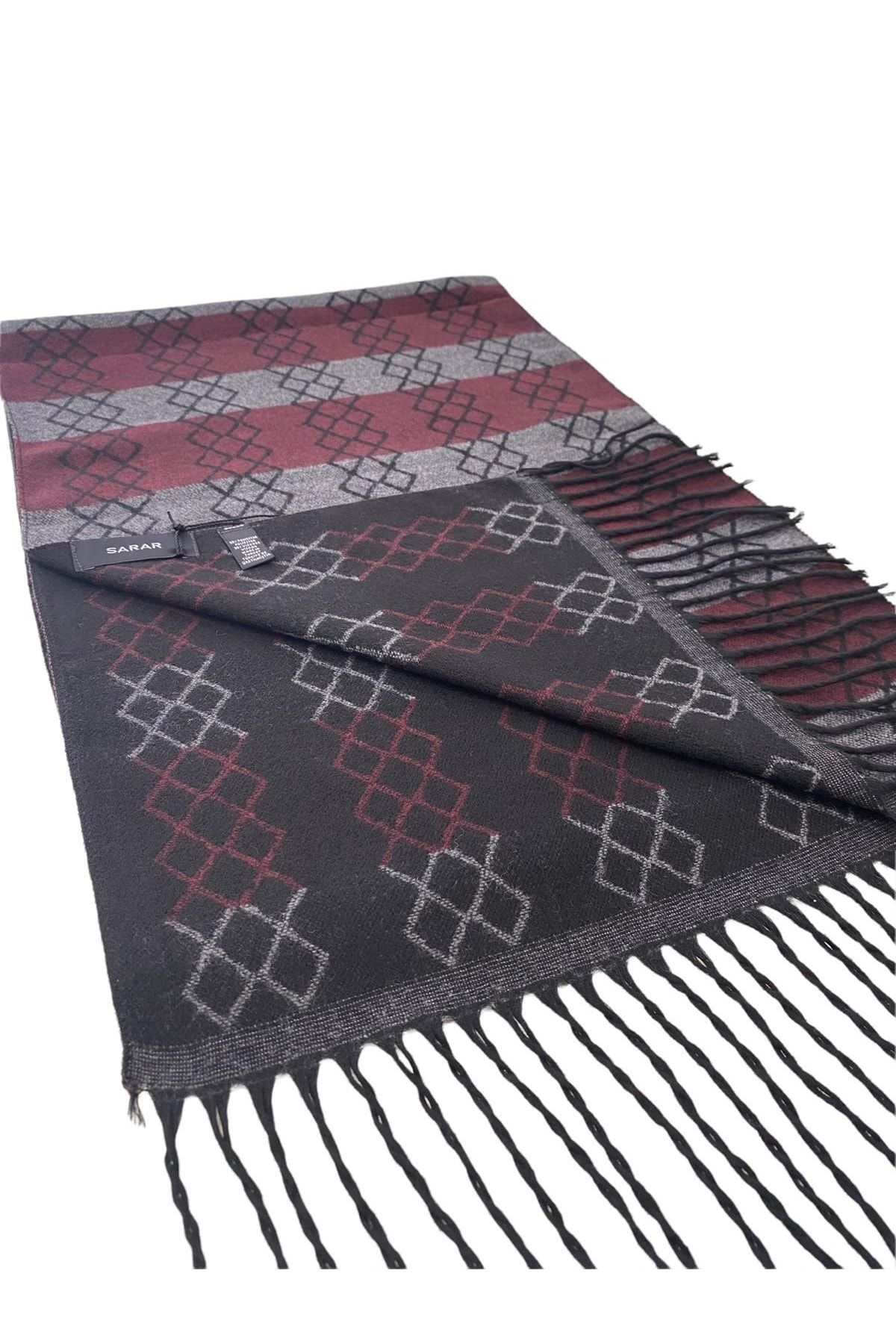 Sarar-Geometric Patterned Claret Red Black Double Sided Scarf M-28 2