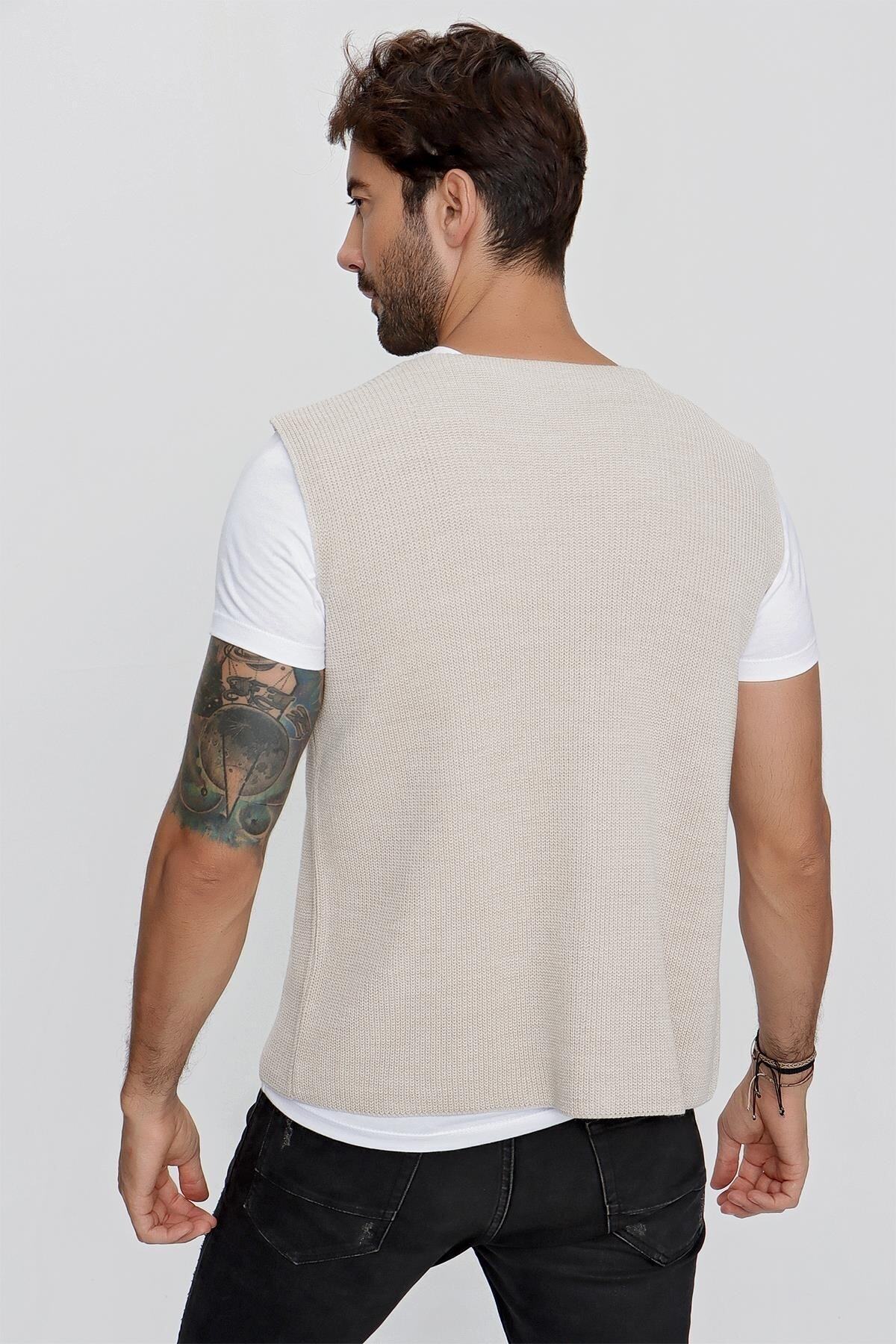 CHUBA-Men's Ornamental Pocket Regular Fit Knitwear Vest Beige 23w218 5