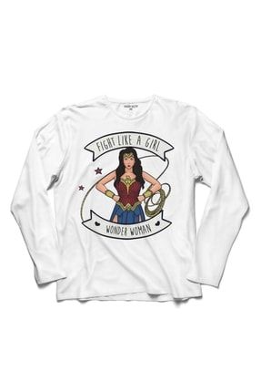 Kadın Beyaz Wonder Woman Fıght Lıke A Gırl Face Baskılı Uzun Kollu Tişört T04B2896