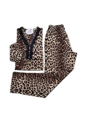 Kadın Leopar Desenli Bambu Uzunkollu-uzun Pantolon Pijama Takımı 3460 siyah-beyaz leopar 2